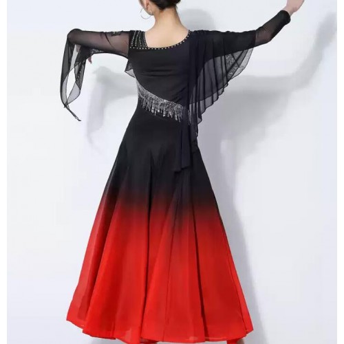 Women black red gradient competition ballroom dance dresses with gemstones professional waltz tango smooth dance long skirts gown for female